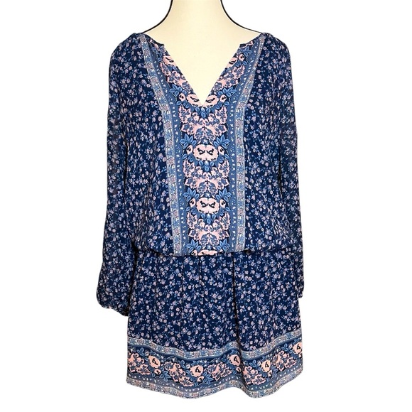 Joie Ariella 100% Silk Drop Waist Lined Navy Floral Dress Size L Boho Peasant - Picture 1 of 6